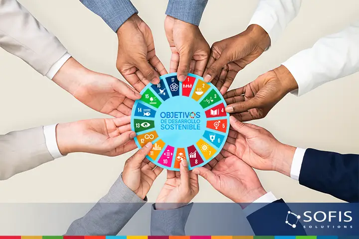 Manos de personas sobre el ícono que representa los ODS